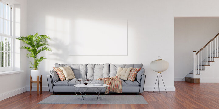 Large living room loft, bright, sunny interior. Big mockup canvas over sofa. 3D render. 3D illustration.