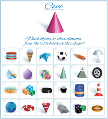Cone. Logical task. Volumetric geometrical figure with examples of such objects form