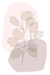 Abstract art minimalistic poster of a branch with leaves. A delicate lunaria plant against a background of simple shapes. Vector graphics.