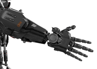 close up on the hand of the mega robot in white background