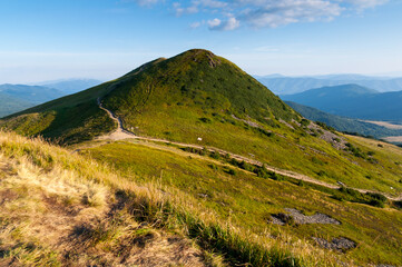 Fototapeta na wymiar Panorama from the top of Tarniczki to the top of Tarnica, Bieszczady Mountains, Wołosate