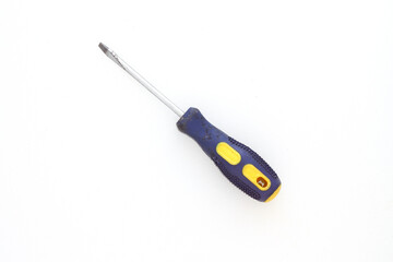 Screwdriver with rubber handle on white background.