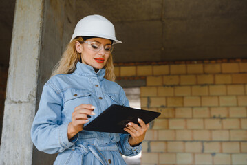 Construction concept. Pretty female builder in overalls and helmet working on construction site.