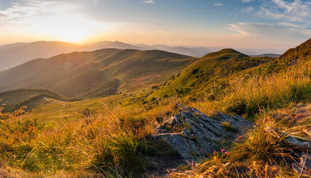Panorama from the top of Tarnica to the peaks of Szeroki Wierch, Połonina Caryńska, Wetlińska and Wielka Rawka, the highest peaks of the Bieszczady Mountains, sunset of the Bieszczady Mountains, 