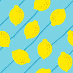 Lemon yellow blue pattern seamless in bright colors. Repeat  diagonal stripes background with fruit vector pattern. Citrus fruit drawing. Great as wallpaper, fabric pattern or textile design.