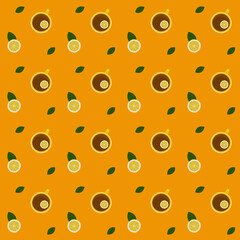 Pattern with the image of a lemon wedge and a cup of tea and lemon