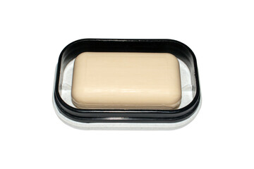 Soap dish with soap isolated on a white background.Soap in a plastic soap dish top view.
