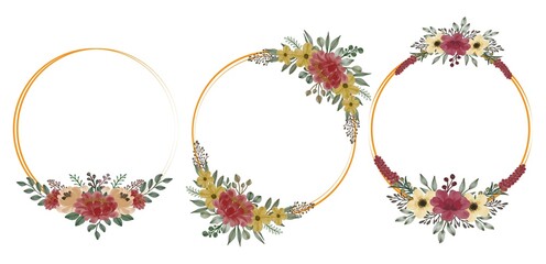 set watercolor floral of red and yellow in circle gold frame. watercolor frame for greeting and wedding invitation card.