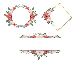 set watercolor floral frame of red and pink for greeting and wedding card. vector design