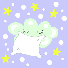 Drawing of a little sleepy cloud with a pillow. Cartoon style. Hand drawn vector illustration. Design for T-shirt, textile and prints.
