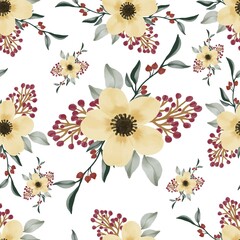 Seamless pattern of yellow floral and red bud. Seamless pattern of yellow flowers for fabric design