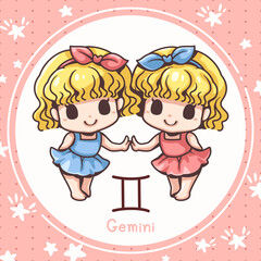 Cartoon character illustration, Cute cartoon gemini, About the zodiac horoscopes, Kawaii design style, They are great for decoration or as part of a design.