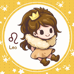 Cartoon character illustration, Cute cartoon leo, About the zodiac horoscopes, Kawaii design style, They are great for decoration or as part of a design.