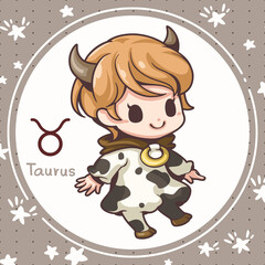 Cartoon character illustration, Cute cartoon taurus, About the zodiac horoscopes, Kawaii design style, They are great for decoration or as part of a design.