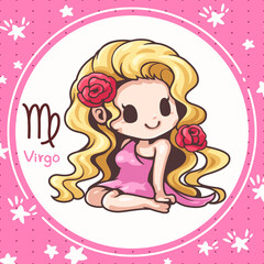 Cartoon character illustration, Cute cartoon virgo, About the zodiac horoscopes, Kawaii design style, They are great for decoration or as part of a design.