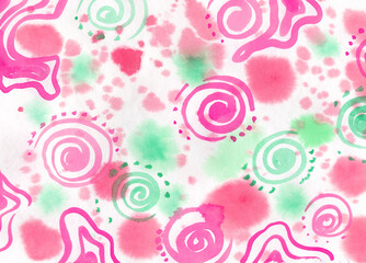 Watercolor paint multicolor abstract on white Background. Pink, green and red spot and spiral texture. Backdrop of spots for packaging and web on canvas Backgrounds - obrazy, fototapety, plakaty