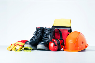 Personal protective equipment on light grey background. Safety work concept. - obrazy, fototapety, plakaty