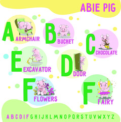 ABee Pig english alphabet, letters a -f . Funny alphabet with cartoon pig for baby, for for education, for card, baby clothes. Vector illustration for kids learning English vocabulary.