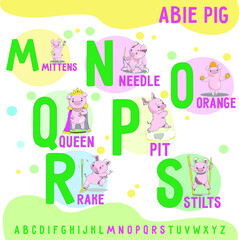 ABee Pig english alphabet, letters m-s . Funny alphabet with cartoon pig for baby, for for education, for card, baby clothes. Vector illustration for kids learning English vocabulary.