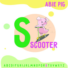 ABee Pig english alphabet, letter s . Funny alphabet with cartoon pig for baby, for for education, for card, baby clothes. Vector illustration for kids learning English vocabulary.