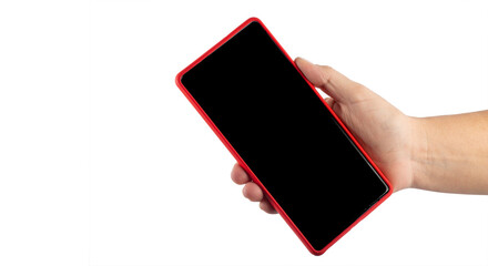 Space for text. hand holding a cellphone on white background.