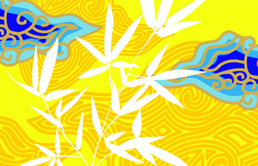 Fototapeta na wymiar Bamboo leaf composition in design. Vector romantic landscape with bamboo trees on a white and gray background, and various attractive colors make an exclusive design