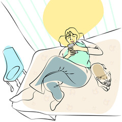 Quarantine, stay home concept. Young woman lying on her bed with her dog and surfing internet.  Girl spending time with her pet. Lady Relaxing at home. Line art Vector illustration.