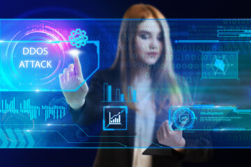 Business, Technology, Internet and network concept. Young businessman working on a virtual screen of the future and sees the inscription: Ddos attack