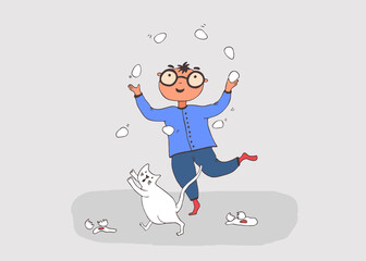 Children`s funny color hand-drawn illustration. Cheerful child plays with a cat. Friends learn to juggle. Boy with glasses. Didgital jpg print for a card, magazine, website, T-shirt, interior placard