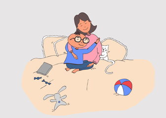 Children`s funny color hand-drawn illustration. Mom, cat and child are hugging. Cheerful boy with glasses. Child's tears. Didgital jpg print for gift a card, magazine, T-shirt, poster