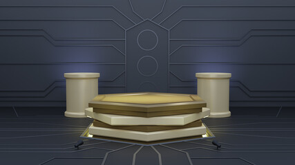 golden podium on dark background. empty pedestal for award ceremony, 3d rendering image