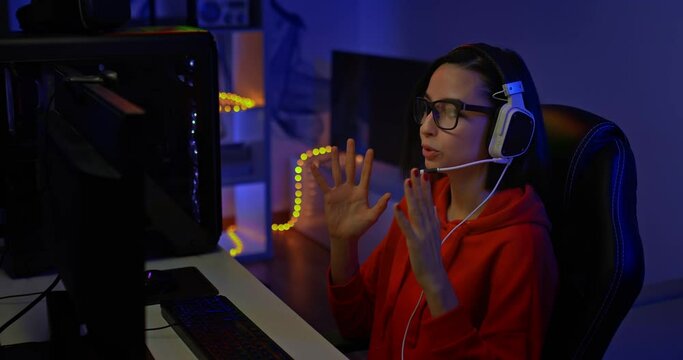 Young woman blogger is streaming and gesturing at the monitor, she speaks and smiles. Blogger is sitting at a computer in a dark room with a backlight, chatting on the Internet. 4k, ProRes