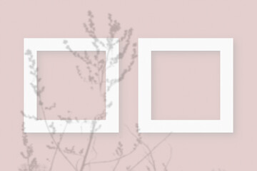 Mockup with vegetable shadows superimposed on 2 square frames of textured white paper on a pink table background