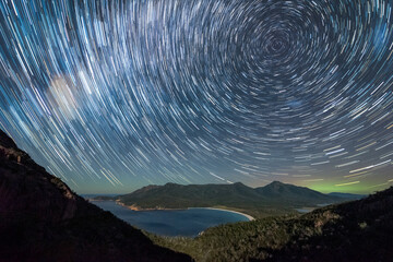Star Trails and aurora over Wineglass Bay, Tasmania