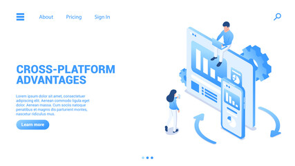 Cross-platform advantages concept. New experience of using apps on different devices. Landing page or web banner template. Vector Illustration in isometric style isolated on white background. 