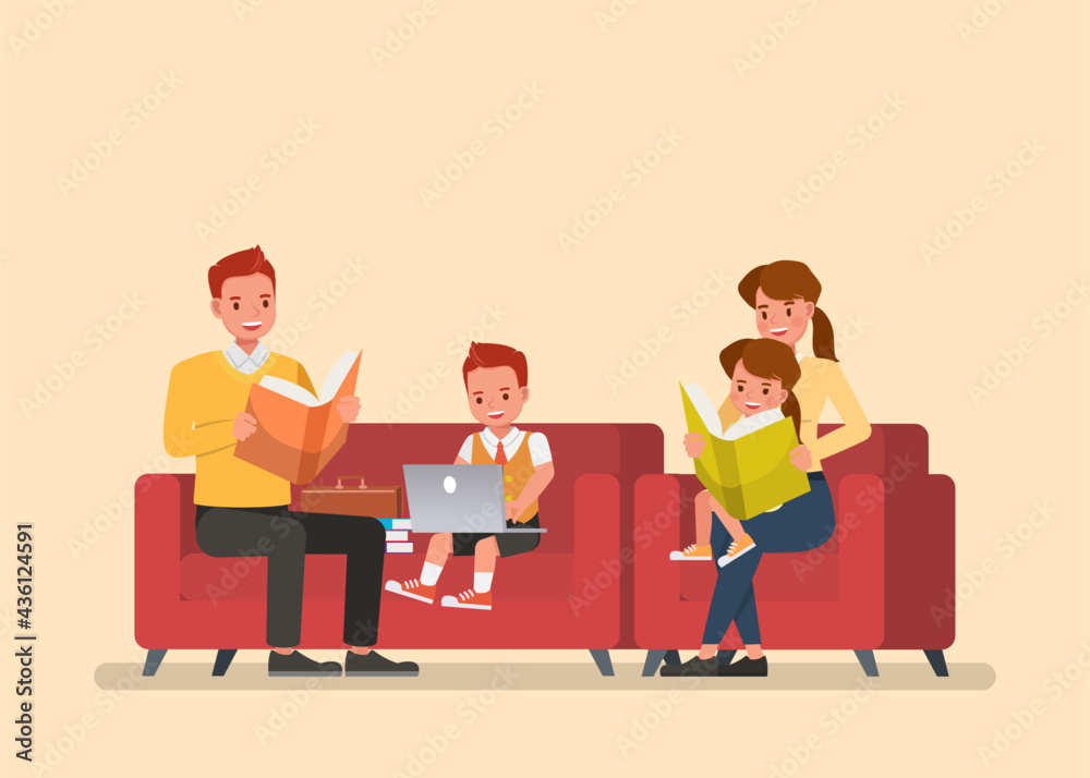 Wall mural Happy family character vector design. Father, mother, son and daughter reading a book together.