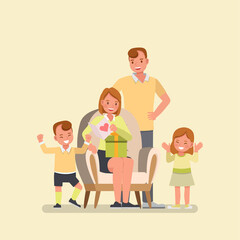 Happy family character vector design. Son and daughter giving a gifts box to mom.