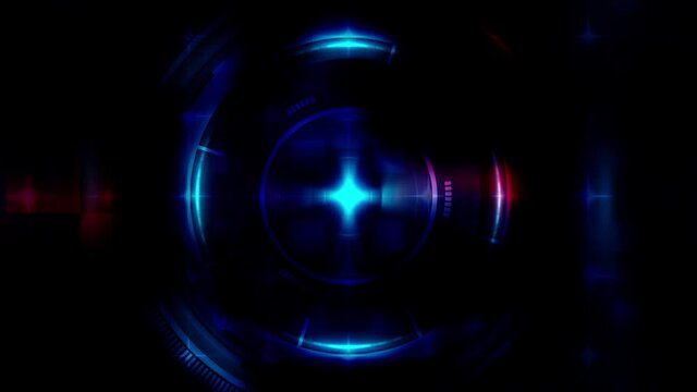 Abstract technology motion with dark blue purple HUD gear elements animation. 4K 3D seamless loop background with moving digital circles in red and blue color. Modern futuristic radar HUD concept.
