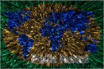 Christmas commemorative world map with extrude effect and colors of Brazilian flag. Feliz Natal wrote on design means Merry Christmas in english.