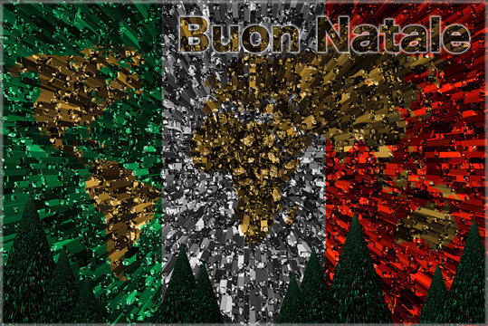 Christmas commemorative world map with extrude effect and colors of Italian flag and  pines tree as an adornment. Buon Natale wrote on design means Merry Christmas in english.