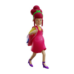  Mother 3D Cartoon Illustration carrying pink bag packs