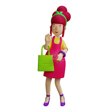 A cheerful 3D Mother Cartoon Illustration having a green bag