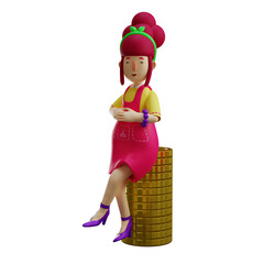 A wealthy 3D Mother 3D Cartoon Character standing on a pile of gold coins