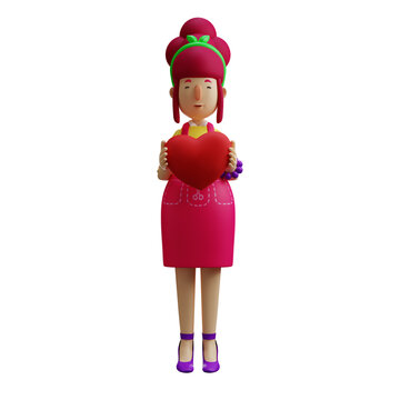 Mother 3D Cartoon Character having a red heart