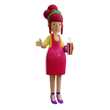 3D Mother Cartoon Illustration holding a glass of water