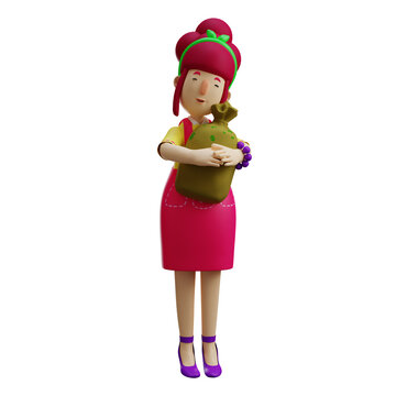 A Successful 3D Mother Cartoon Character hugging a sack of money 