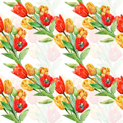 Red and yelollow tulips se.Image on white and colored background.Watercolor pattern.