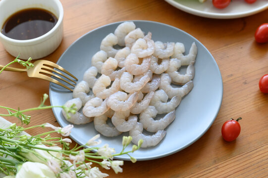 Fresh Raw Shrimp Meat On A Plate