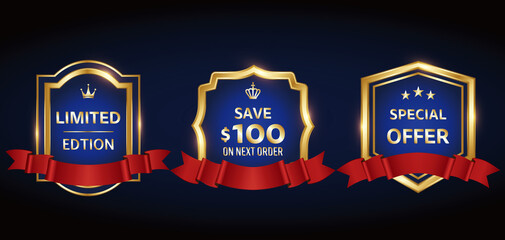 金と青の角ばったバッジと赤いリボンのベクターイラストセット