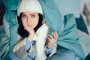 Unhappy Woman Feeling Cold Wearing Warm Winter Clothes Indoors
